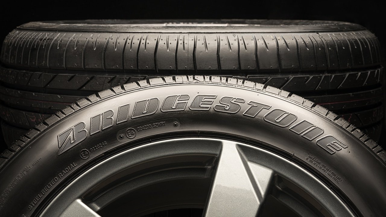 Bridgestone logo on a black tyre